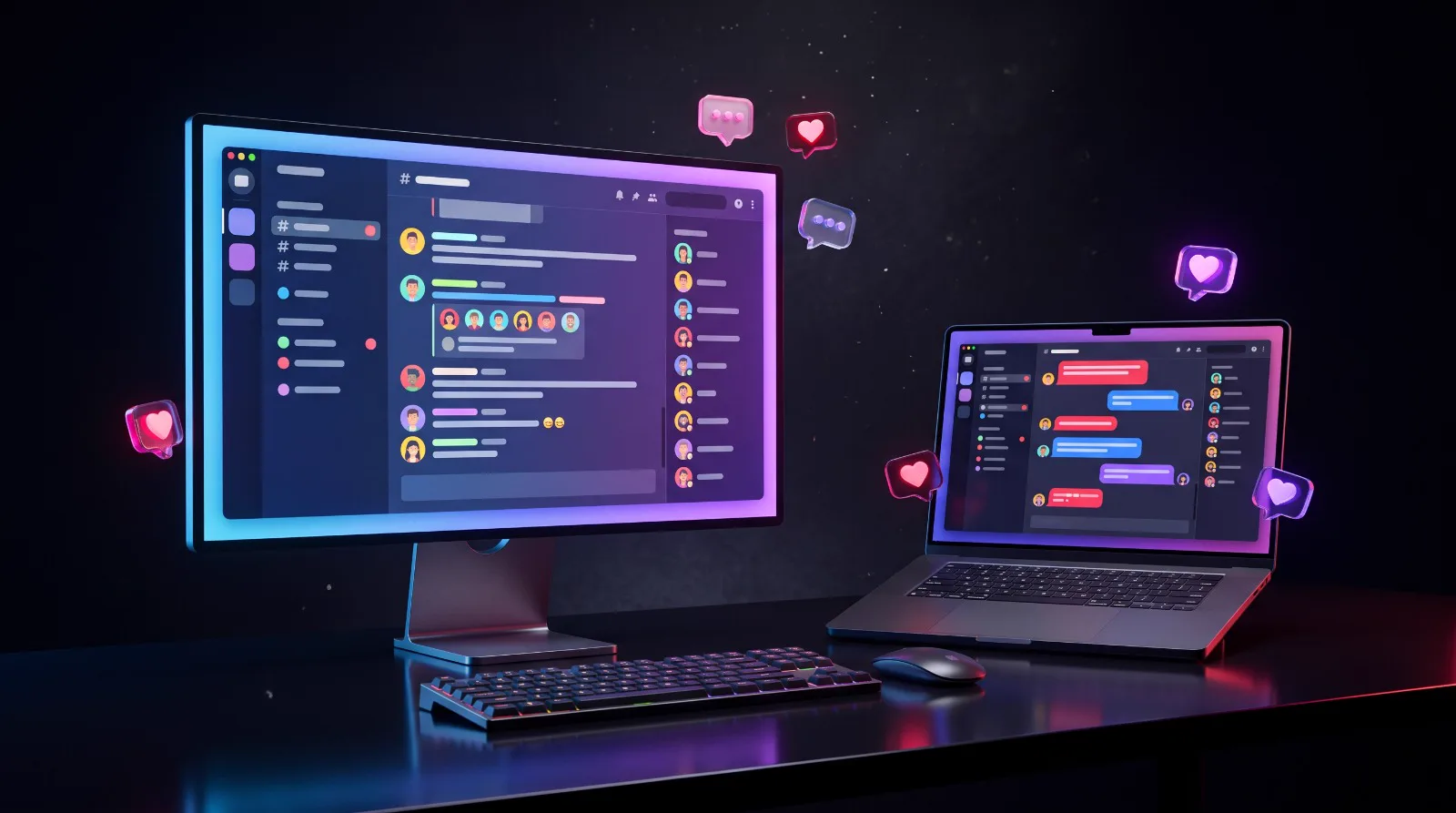 Monitor e notebook com a comunidade no Fluxer e o grupo de membros